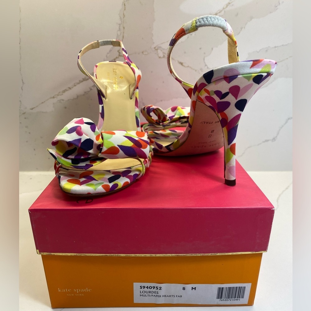 Kate Spade Multi Heart Pink Purple Print Bow Heel Lourdes Shoes Size 8 V… - Picture 5 of 6